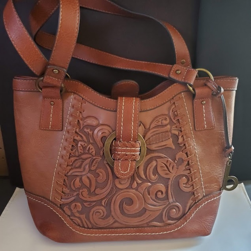 b.o.c. Born Concept Loredo Brown Faux Leather Tooled Floral Shoulder Bag Boho